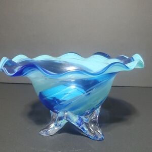Vtg Signed Colbalt Blue Blown Glass Art Bowl
